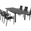 OUTFLEXX Premium Garten-Essgruppe, anthrazit matt/schwarz, Alu/Spraystone/Textilene, Tisch 160/260 x 100 cm, ausziehbar, 6 Stapelsessel