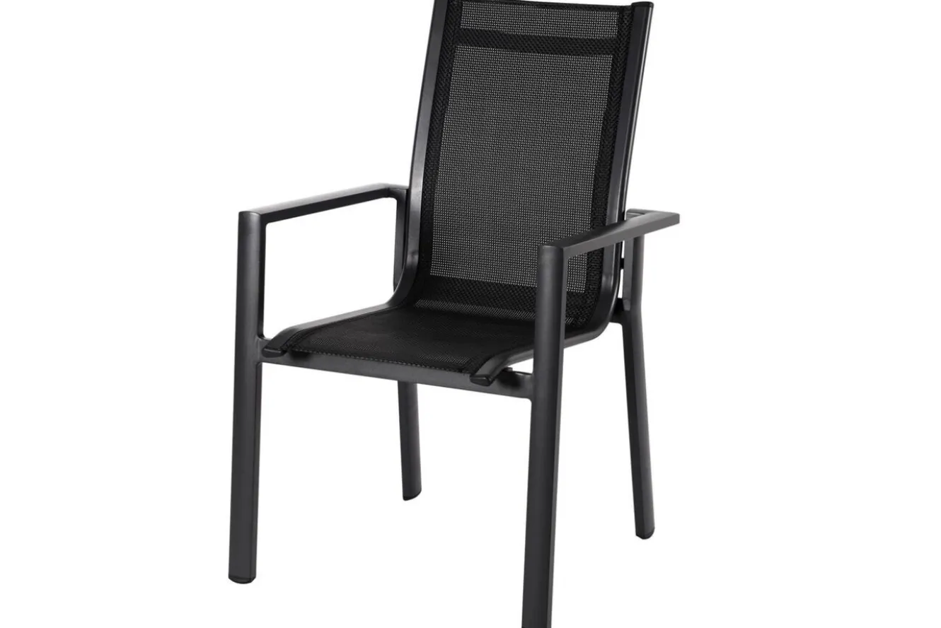 OUTFLEXX Premium Garten-Essgruppe, anthrazit matt/schwarz, Alu/Spraystone/Textilene, Tisch 160/260 x 100 cm, ausziehbar, 6 Stapelsessel