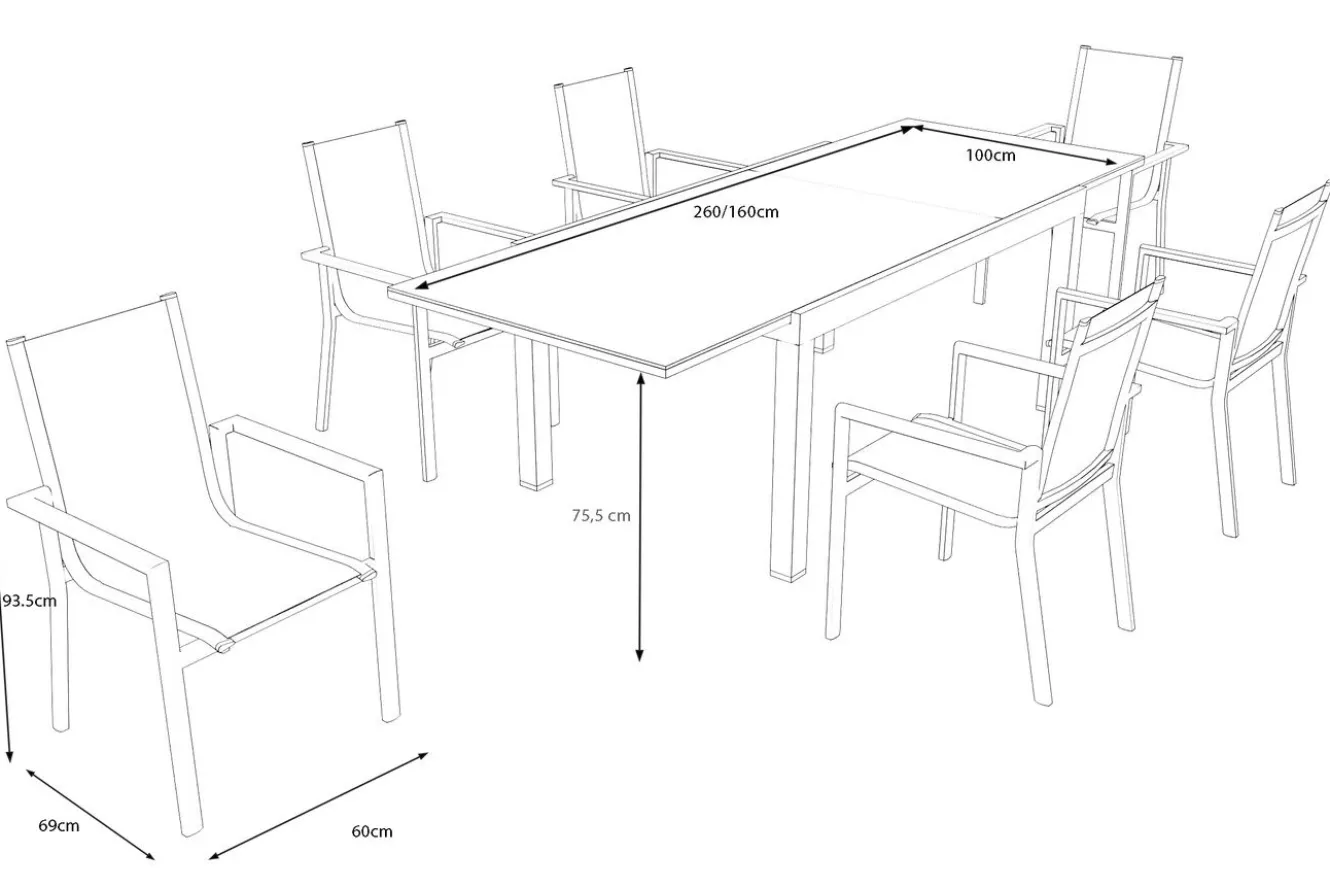 OUTFLEXX Premium Garten-Essgruppe, anthrazit matt/schwarz, Alu/Spraystone/Textilene, Tisch 160/260 x 100 cm, ausziehbar, 6 Stapelsessel