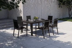 OUTFLEXX Premium Garten-Essgruppe, anthrazit matt/schwarz, Alu/Spraystone/Textilene, Tisch 160/260 x 100 cm, ausziehbar, 6 Stapelsessel
