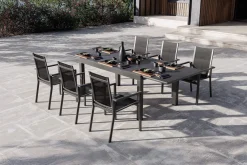 OUTFLEXX Premium Garten-Essgruppe, anthrazit matt/schwarz, Alu/Spraystone/Textilene, Tisch 160/260 x 100 cm, ausziehbar, 6 Stapelsessel