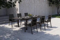 OUTFLEXX Premium Garten-Essgruppe, anthrazit matt/schwarz, Alu/Spraystone/Textilene, Tisch 160/260 x 100 cm, ausziehbar, 6 Stapelsessel