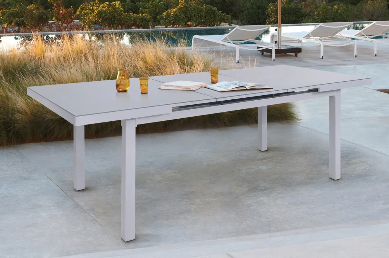 OUTFLEXX Premium Garten-Essgruppe, silber/grau, Alu/Textilene, Ausziehtisch 180/240 x 100 cm, 8 Klappstühle