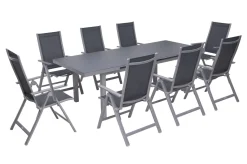 OUTFLEXX Premium Garten-Essgruppe, silber/grau, Alu/Textilene, Ausziehtisch 180/240 x 100 cm, 8 Klappstühle