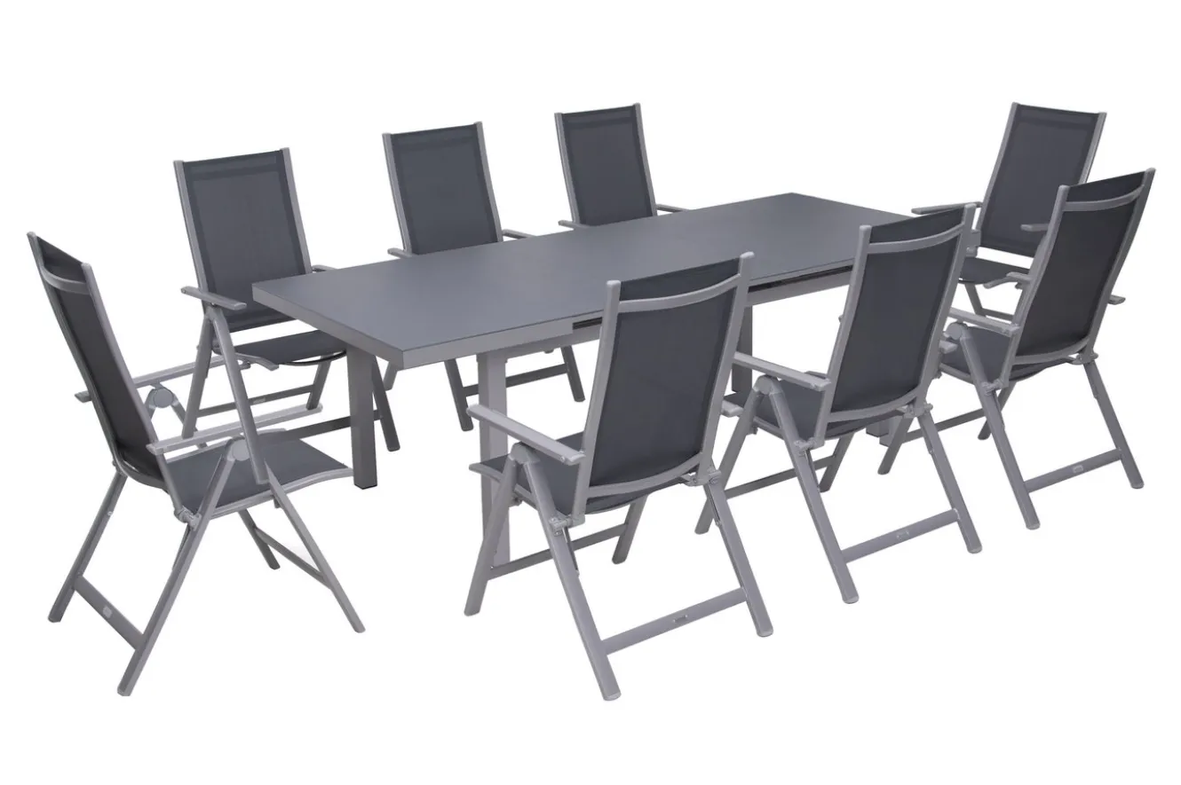 OUTFLEXX Premium Garten-Essgruppe, silber/grau, Alu/Textilene, Ausziehtisch 180/240 x 100 cm, 8 Klappstühle