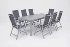 OUTFLEXX Premium Garten-Essgruppe, silber/grau, Alu/Textilene, Ausziehtisch 180/240 x 100 cm, 8 Klappstühle