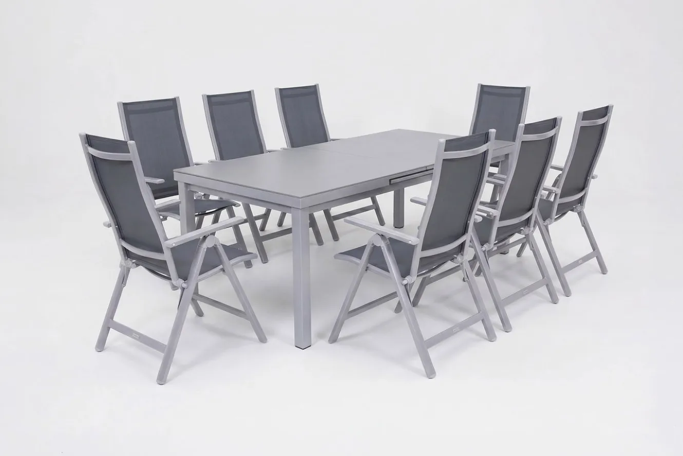 OUTFLEXX Premium Garten-Essgruppe, silber/grau, Alu/Textilene, Ausziehtisch 180/240 x 100 cm, 8 Klappstühle
