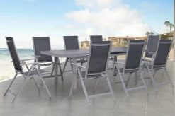 OUTFLEXX Premium Garten-Essgruppe, silber/grau, Alu/Textilene, Ausziehtisch 180/240 x 100 cm, 8 Klappstühle