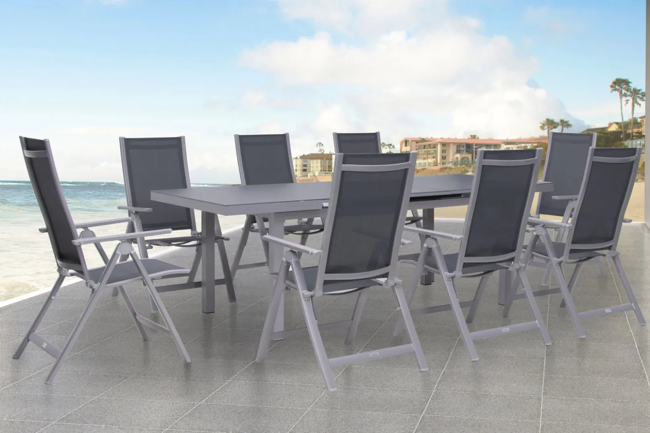 OUTFLEXX Premium Garten-Essgruppe, silber/grau, Alu/Textilene, Ausziehtisch 180/240 x 100 cm, 8 Klappstühle