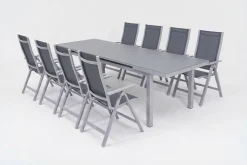 OUTFLEXX Premium Garten-Essgruppe, silber/grau, Alu/Textilene, Ausziehtisch 180/240 x 100 cm, 8 Klappstühle