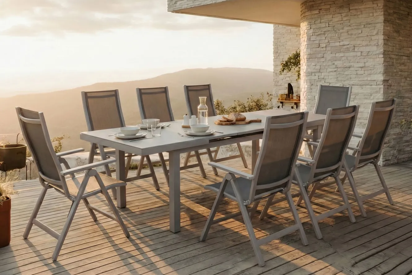 OUTFLEXX Premium Garten-Essgruppe, silber/grau, Alu/Textilene, Ausziehtisch 180/240 x 100 cm, 8 Klappstühle