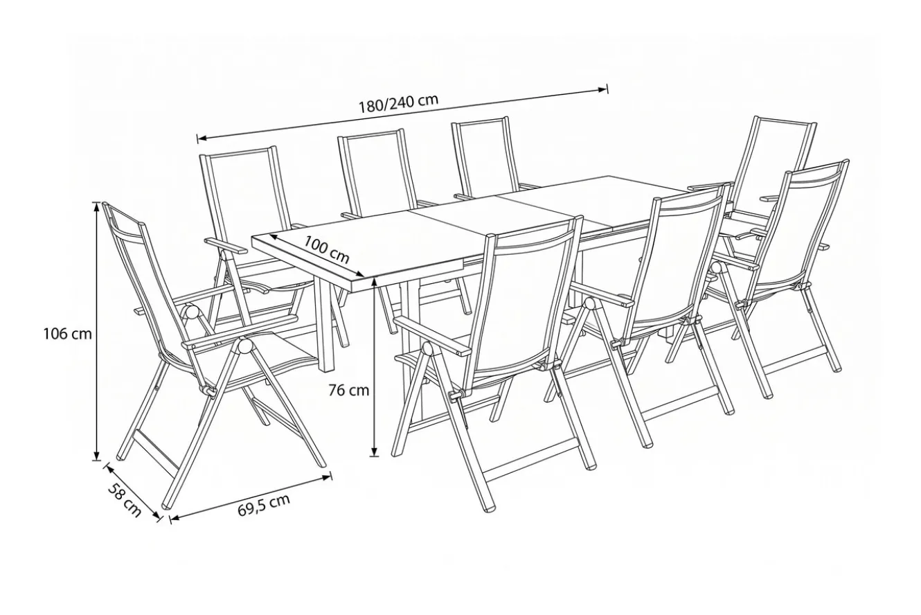 OUTFLEXX Premium Garten-Essgruppe, silber/grau, Alu/Textilene, Ausziehtisch 180/240 x 100 cm, 8 Klappstühle