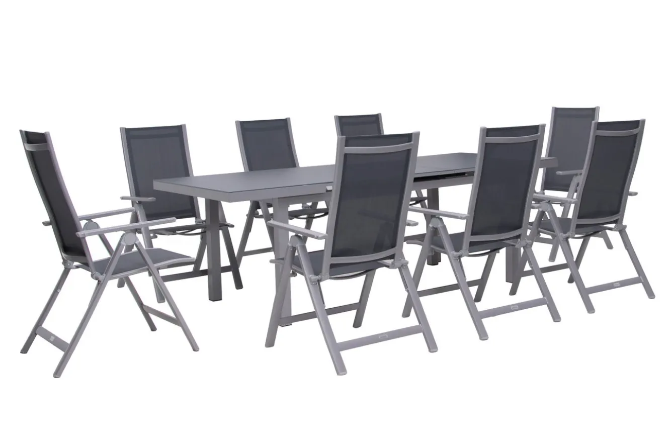 OUTFLEXX Premium Garten-Essgruppe, silber/grau, Alu/Textilene, Ausziehtisch 180/240 x 100 cm, 8 Klappstühle