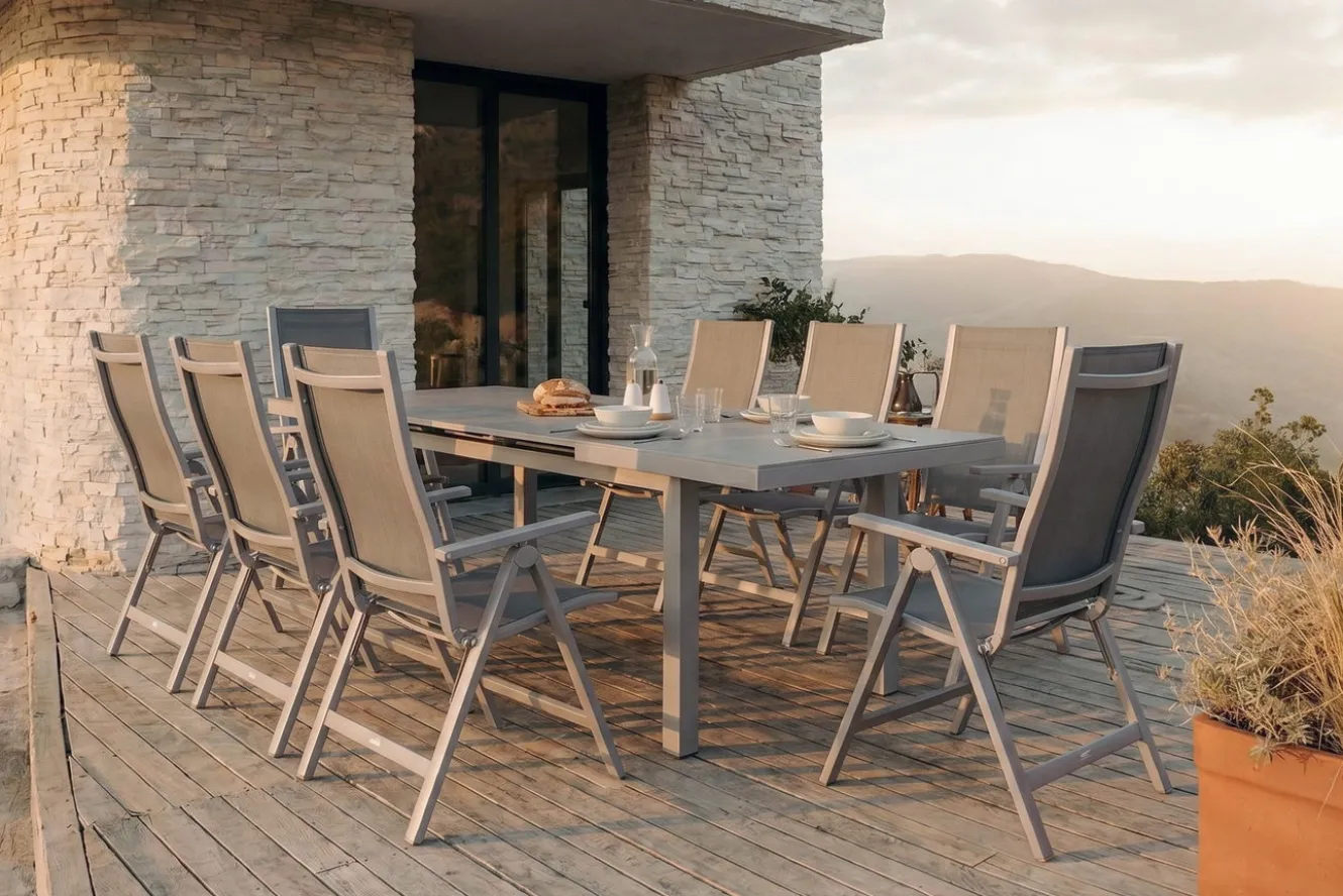 OUTFLEXX Premium Garten-Essgruppe, silber/grau, Alu/Textilene, Ausziehtisch 180/240 x 100 cm, 8 Klappstühle