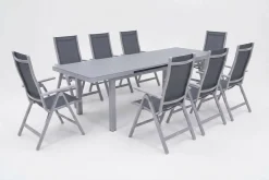 OUTFLEXX Premium Garten-Essgruppe, silber/grau, Alu/Textilene, Ausziehtisch 180/240 x 100 cm, 8 Klappstühle