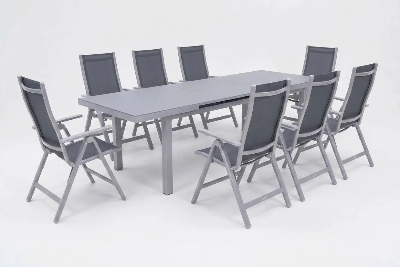 OUTFLEXX Premium Garten-Essgruppe, silber/grau, Alu/Textilene, Ausziehtisch 180/240 x 100 cm, 8 Klappstühle