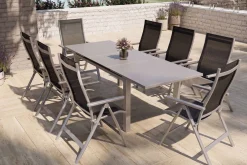 OUTFLEXX Premium Garten-Essgruppe, silber/grau, Alu/Textilene, Ausziehtisch 180/240 x 100 cm, 8 Klappstühle
