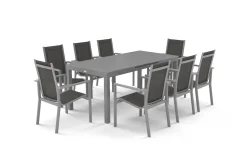 OUTFLEXX Premium Garten-Essgruppe, silber/grau, Alu/Textilene, Ausziehtisch 180/240 x 100 cm, 8 Stapelsessel