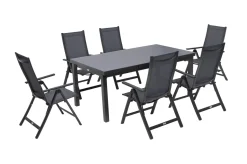OUTFLEXX Premium Garten-Essgruppe, anthrazit/grau, Alu/Textilene, Ausziehtisch 180/240x100cm, 6 Klappstühle