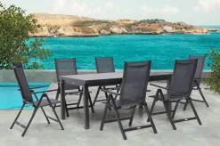 OUTFLEXX Premium Garten-Essgruppe, anthrazit/grau, Alu/Textilene, Ausziehtisch 180/240x100cm, 6 Klappstühle