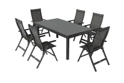 OUTFLEXX Premium Garten-Essgruppe, anthrazit/grau, Alu/Textilene, Ausziehtisch 180/240x100cm, 6 Klappstühle