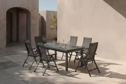 OUTFLEXX Premium Garten-Essgruppe, anthrazit/grau, Alu/Textilene, Ausziehtisch 180/240x100cm, 6 Klappstühle