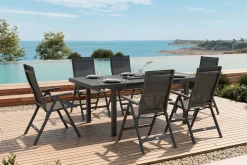 OUTFLEXX Premium Garten-Essgruppe, anthrazit/grau, Alu/Textilene, Ausziehtisch 180/240x100cm, 6 Klappstühle