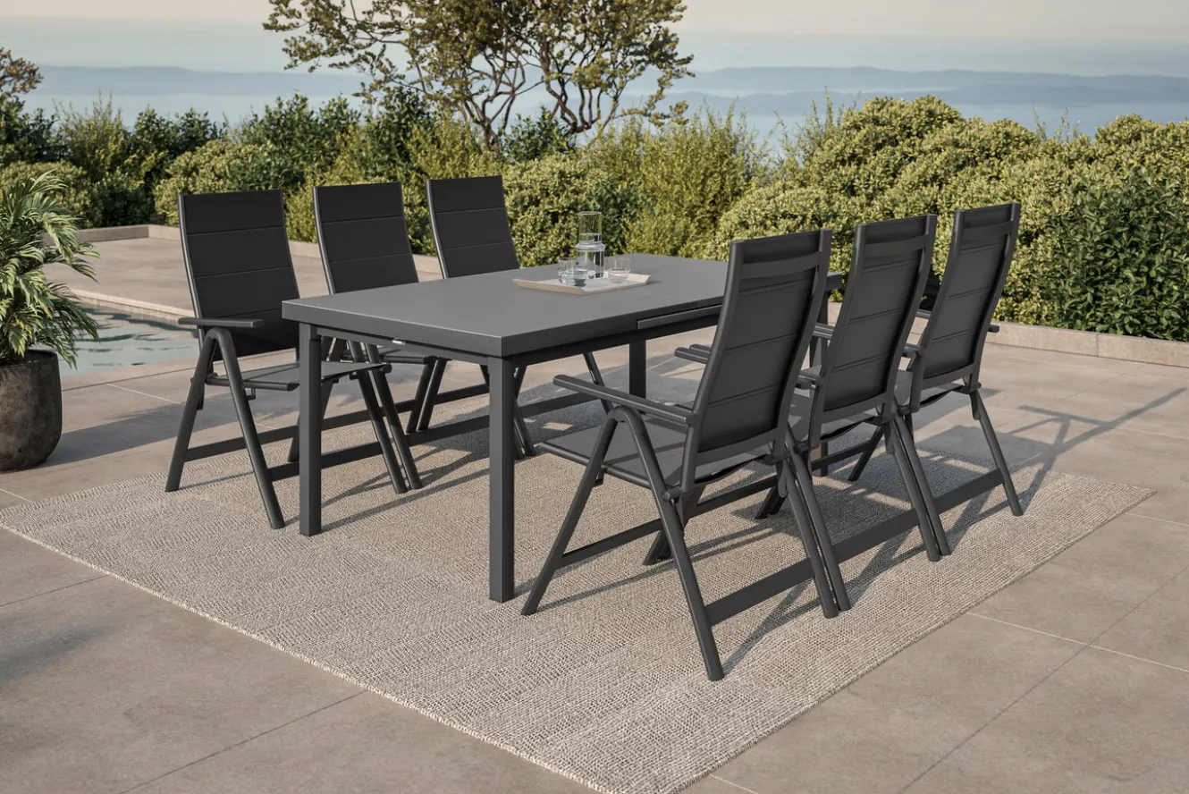OUTFLEXX Premium Garten-Essgruppe für 6 Personen, anthrazit/grau, Alu/Sicherheitsglas, Tisch ausziehbar, Stühle klappbar, UV-beständig