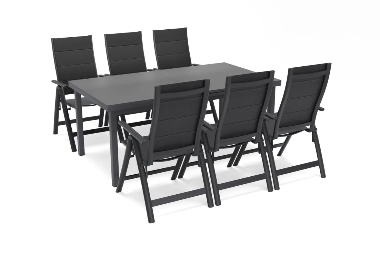 OUTFLEXX Premium Garten-Essgruppe für 6 Personen, anthrazit/grau, Alu/Sicherheitsglas, Tisch ausziehbar, Stühle klappbar, UV-beständig