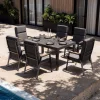 OUTFLEXX Premium Garten-Essgruppe, anthrazit matt, Aluminium/Polyester/Spraystone/Teak, 160/260 x 100 cm, 6 Stapelsessel