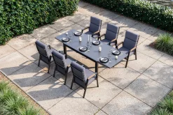 OUTFLEXX Premium Garten-Essgruppe, anthrazit matt, Aluminium/Polyester/Spraystone/Teak, 160/260 x 100 cm, 6 Stapelsessel