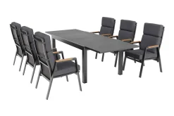 OUTFLEXX Premium Garten-Essgruppe, anthrazit matt, Aluminium/Polyester/Spraystone/Teak, 160/260 x 100 cm, 6 Stapelsessel