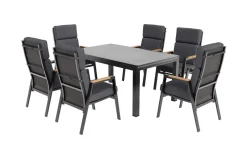OUTFLEXX Premium Garten-Essgruppe, anthrazit matt, Aluminium/Polyester/Spraystone/Teak, 160/260 x 100 cm, 6 Stapelsessel