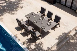 OUTFLEXX Premium Garten-Essgruppe, anthrazit matt, Aluminium/Polyester/Spraystone/Teak, 160/260 x 100 cm, 6 Stapelsessel