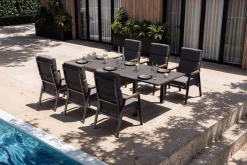 OUTFLEXX Premium Garten-Essgruppe, anthrazit matt, Aluminium/Polyester/Spraystone/Teak, 160/260 x 100 cm, 6 Stapelsessel