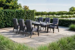 OUTFLEXX Premium Garten-Essgruppe, anthrazit matt, Aluminium/Polyester/Spraystone/Teak, 160/260 x 100 cm, 6 Stapelsessel