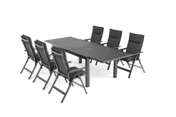 OUTFLEXX Premium Garten-Essgruppe, anthrazit matt/schwarz, Alu/Spraystone/Textilene, 160/260 x 100 cm, 6 Klappstühle inkl. 6 Auflagen