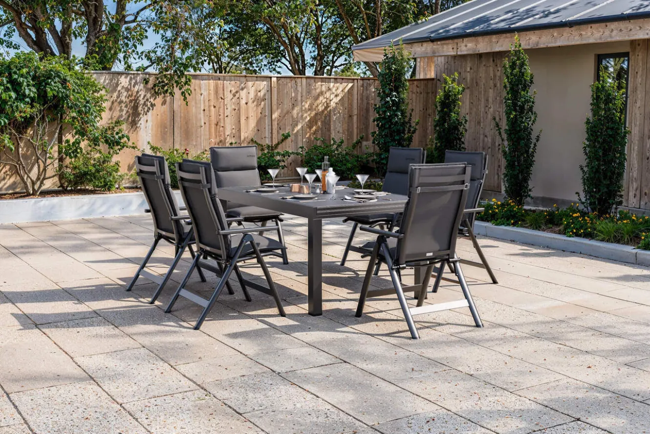 OUTFLEXX Premium Garten-Essgruppe, anthrazit matt/schwarz, Alu/Spraystone/Textilene, 160/260 x 100 cm, 6 Klappstühle inkl. 6 Auflagen