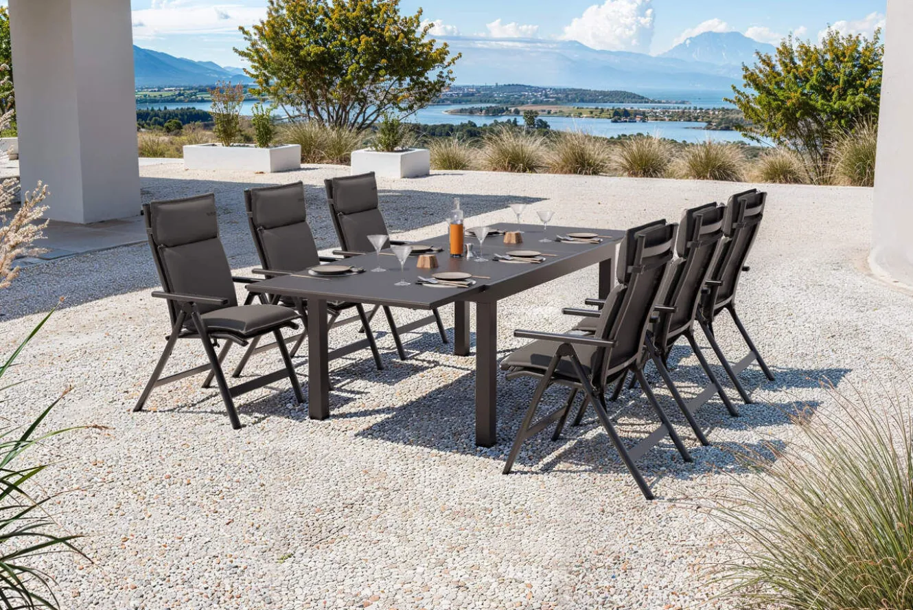 OUTFLEXX Premium Garten-Essgruppe, anthrazit matt/schwarz, Alu/Spraystone/Textilene, 160/260 x 100 cm, 6 Klappstühle inkl. 6 Auflagen
