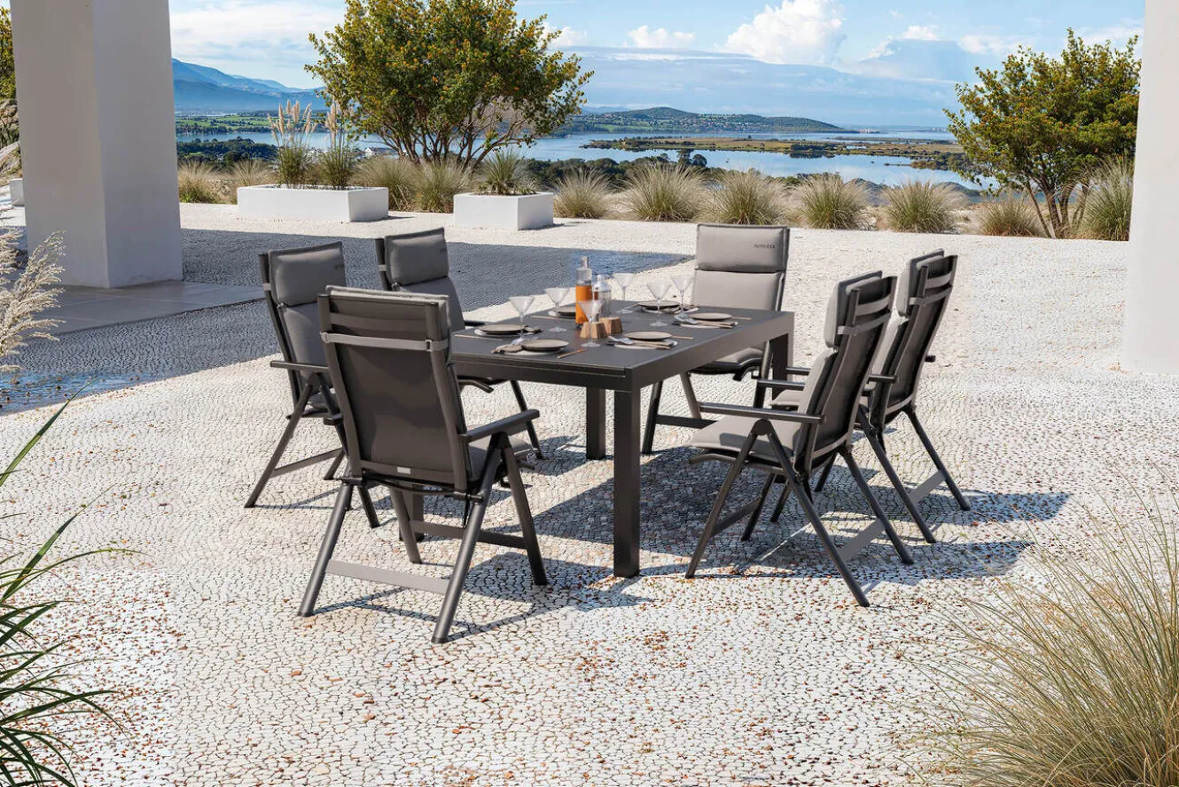 OUTFLEXX Premium Garten-Essgruppe, anthrazit matt/schwarz, Alu/Spraystone/Textilene, 160/260 x 100 cm, 6 Klappstühle inkl. 6 Auflagen