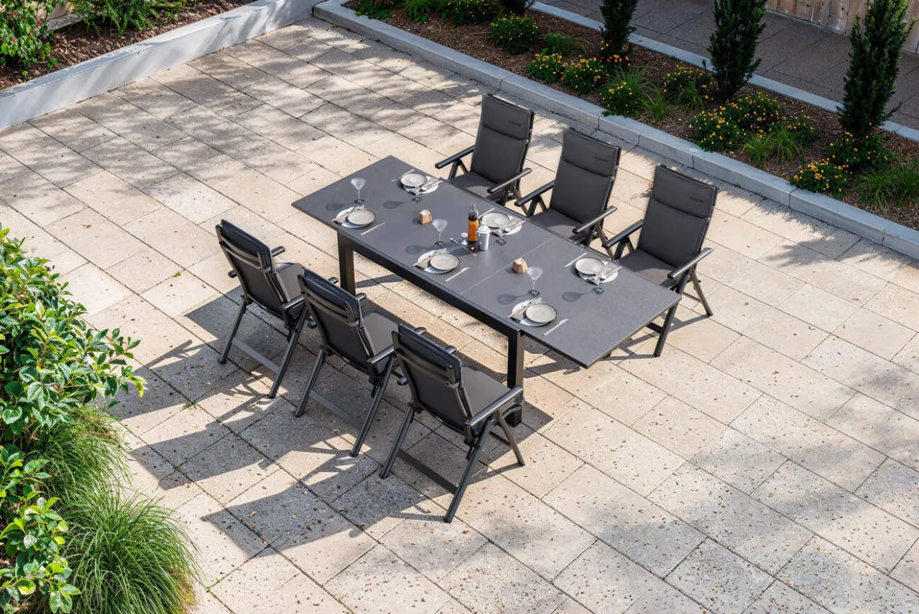 OUTFLEXX Premium Garten-Essgruppe, anthrazit matt/schwarz, Alu/Spraystone/Textilene, 160/260 x 100 cm, 6 Klappstühle inkl. 6 Auflagen
