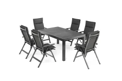 OUTFLEXX Premium Garten-Essgruppe, anthrazit matt/schwarz, Alu/Spraystone/Textilene, 160/260 x 100 cm, 6 Klappstühle inkl. 6 Auflagen
