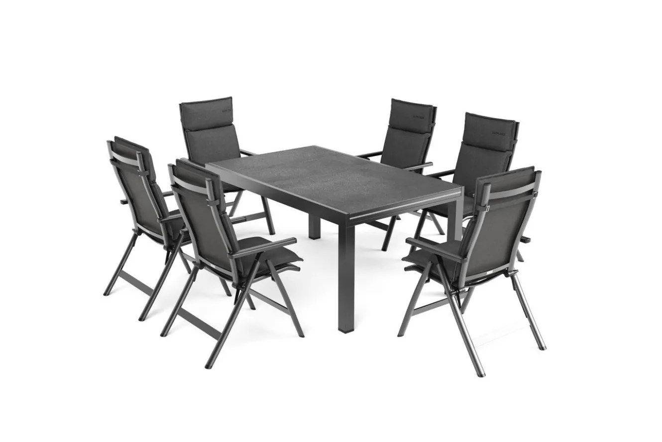 OUTFLEXX Premium Garten-Essgruppe, anthrazit matt/schwarz, Alu/Spraystone/Textilene, 160/260 x 100 cm, 6 Klappstühle inkl. 6 Auflagen