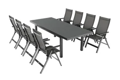 OUTFLEXX Premium Garten-Essgruppe, anthrazit/grau, Alu/Textilene, Ausziehtisch 180/240x100cm, 8 Klappstühle