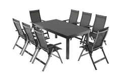 OUTFLEXX Premium Garten-Essgruppe, anthrazit/grau, Alu/Textilene, Ausziehtisch 180/240x100cm, 8 Klappstühle