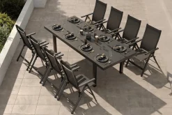OUTFLEXX Premium Garten-Essgruppe, anthrazit/grau, Alu/Textilene, Ausziehtisch 180/240x100cm, 8 Klappstühle