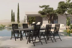OUTFLEXX Premium Garten-Essgruppe, anthrazit matt/schwarz, Alu/Textilene/Spraystone, Tisch 160/260 x 100 cm, ausziehbar, 6 Klappstühle