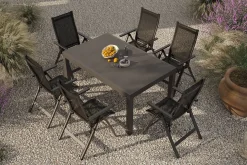 OUTFLEXX Premium Garten-Essgruppe, anthrazit matt/schwarz, Alu/Textilene/Spraystone, Tisch 160/260 x 100 cm, ausziehbar, 6 Klappstühle