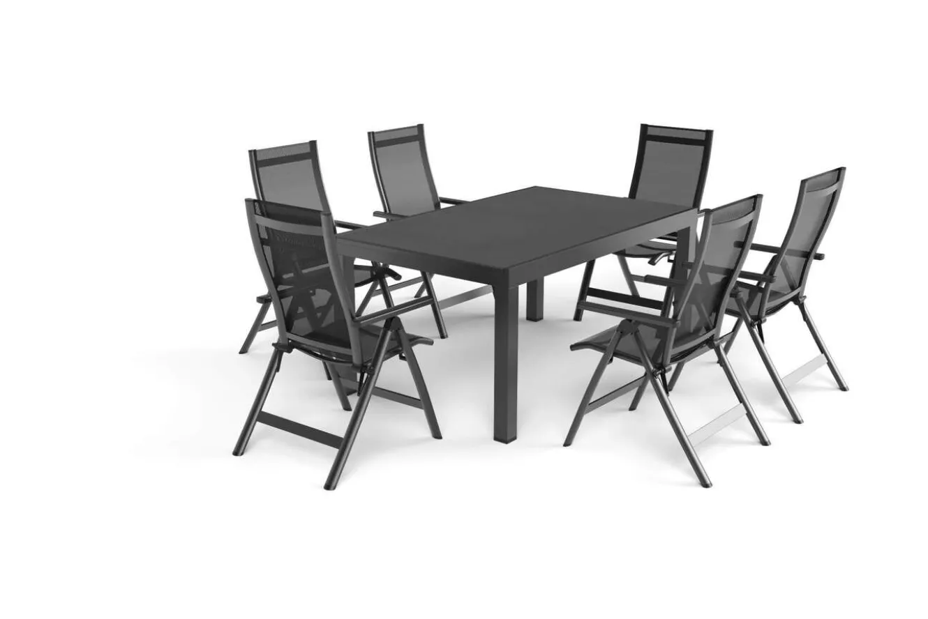 OUTFLEXX Premium Garten-Essgruppe, anthrazit matt/schwarz, Alu/Textilene/Spraystone, Tisch 160/260 x 100 cm, ausziehbar, 6 Klappstühle