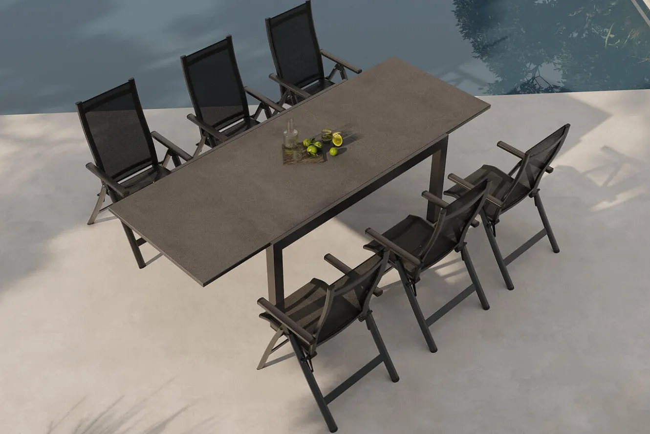 OUTFLEXX Premium Garten-Essgruppe, anthrazit matt/schwarz, Alu/Textilene/Spraystone, Tisch 160/260 x 100 cm, ausziehbar, 6 Klappstühle